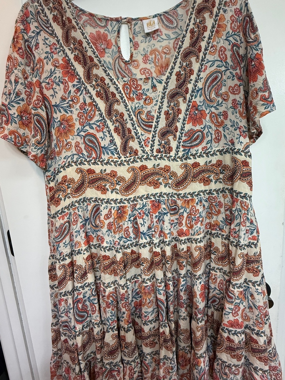 Bila Floral Paisley V-Neck Tunic Dress in Cream, Rust & Blue
